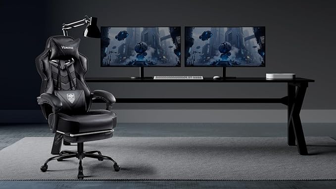 Vonesse Gaming Chair, High Back Office Chair with Footrest and Massage, Gaming Chairs for Adults with Pocket Spring Cushion, Big and Tall Reclining Computer Chair with Lumbar Support (Classic Black)