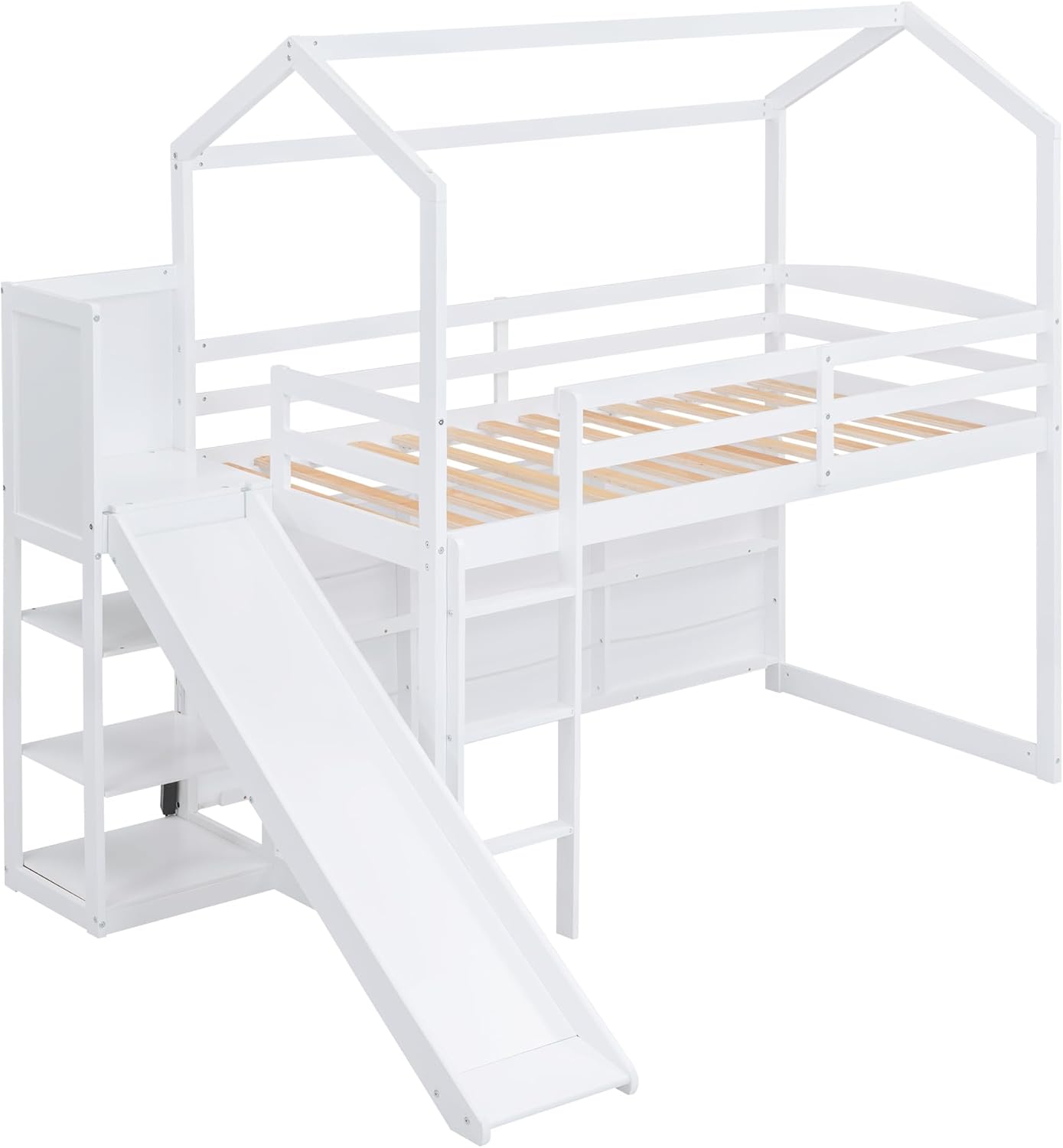 Twin Size House Loft Bed with Slide, Storage Shelves and Light, Wood Kids Bed Frame with Guardrail and Ladder,Climbing Ramp,for Teens Boys Girls Bedroom, White