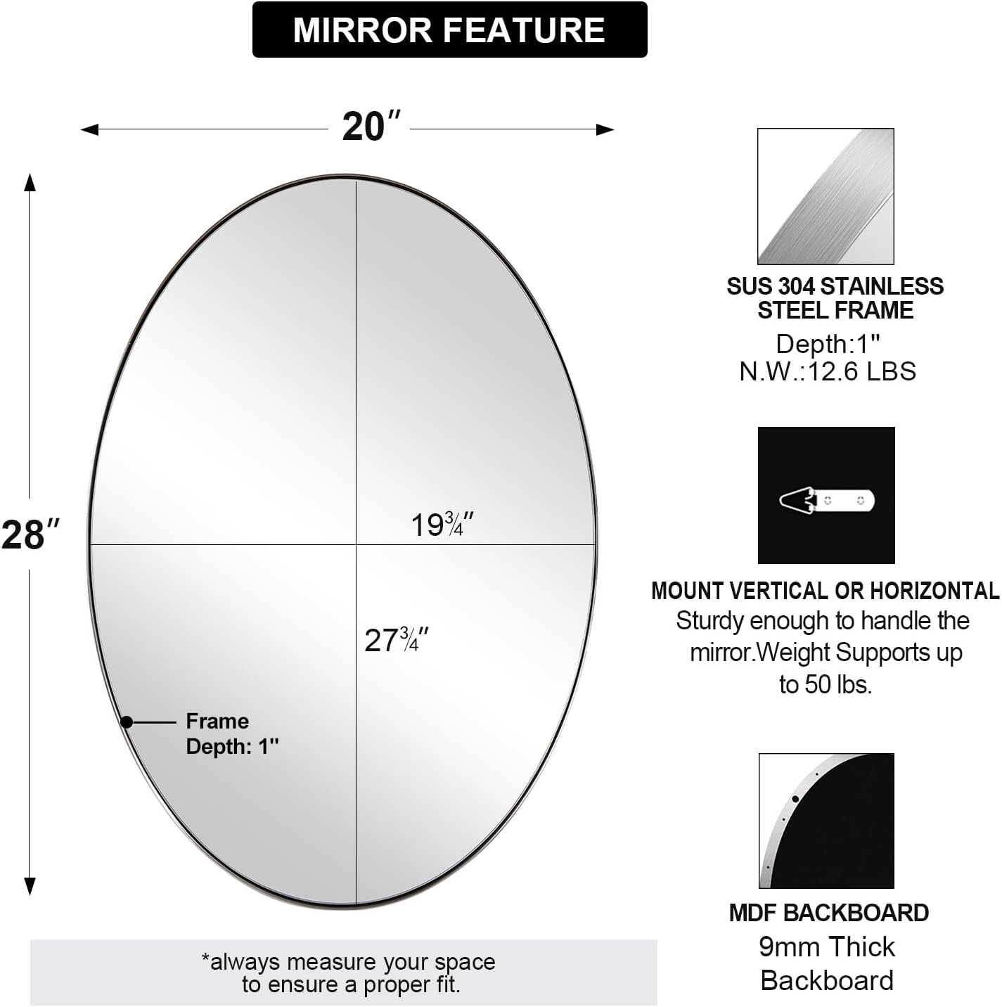 ANDY STAR Brushed Nickel Oval Wall Mirror, 20x28, Modern Bathroom Mirror, Sturdy Stainless Steel Frame, Clear Reflection, Anti-Corrosion Backboard