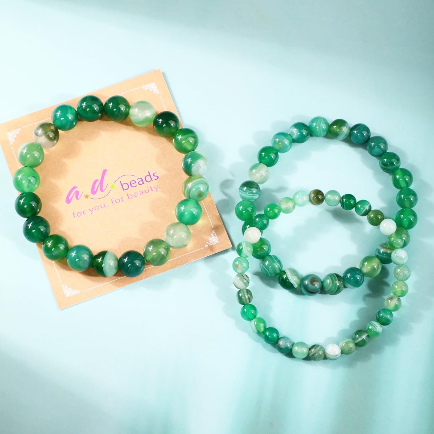 AD Beads 6mm Handmade Green Stripe Agate Elastic Bracelet – Natural Gemstone for Calm energy – Meditation, Yoga, Healing and Energy Gift for Men Women