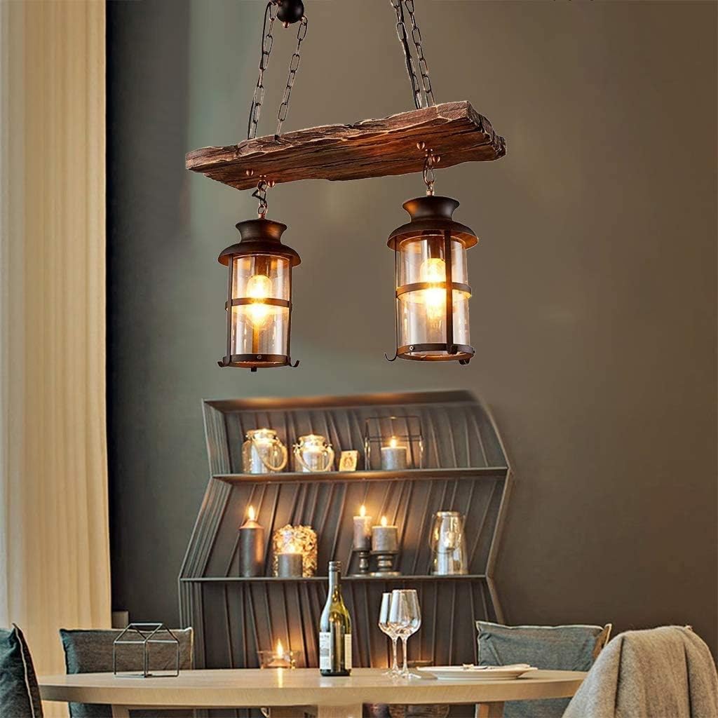 Wood Retro Pendant Lighting Industrial Vintage Chandelier Black Metal Bedroom Restaurant Suspension Lamp Cage Frame with Glass Shade House Loft Bar Coffee Decoration Ceiling Lights Fitting, E27