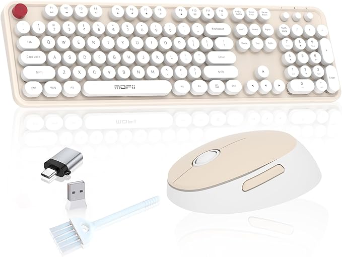 Cream Wireless Keyboard Mouse, COOFUN 104 Keys Full Size White Keyboard Ergonomic Cordless Keyboards Cute Colorful Retro Typewriter Key Board for Windows, PC, Laptop, Desktop (Creamy)