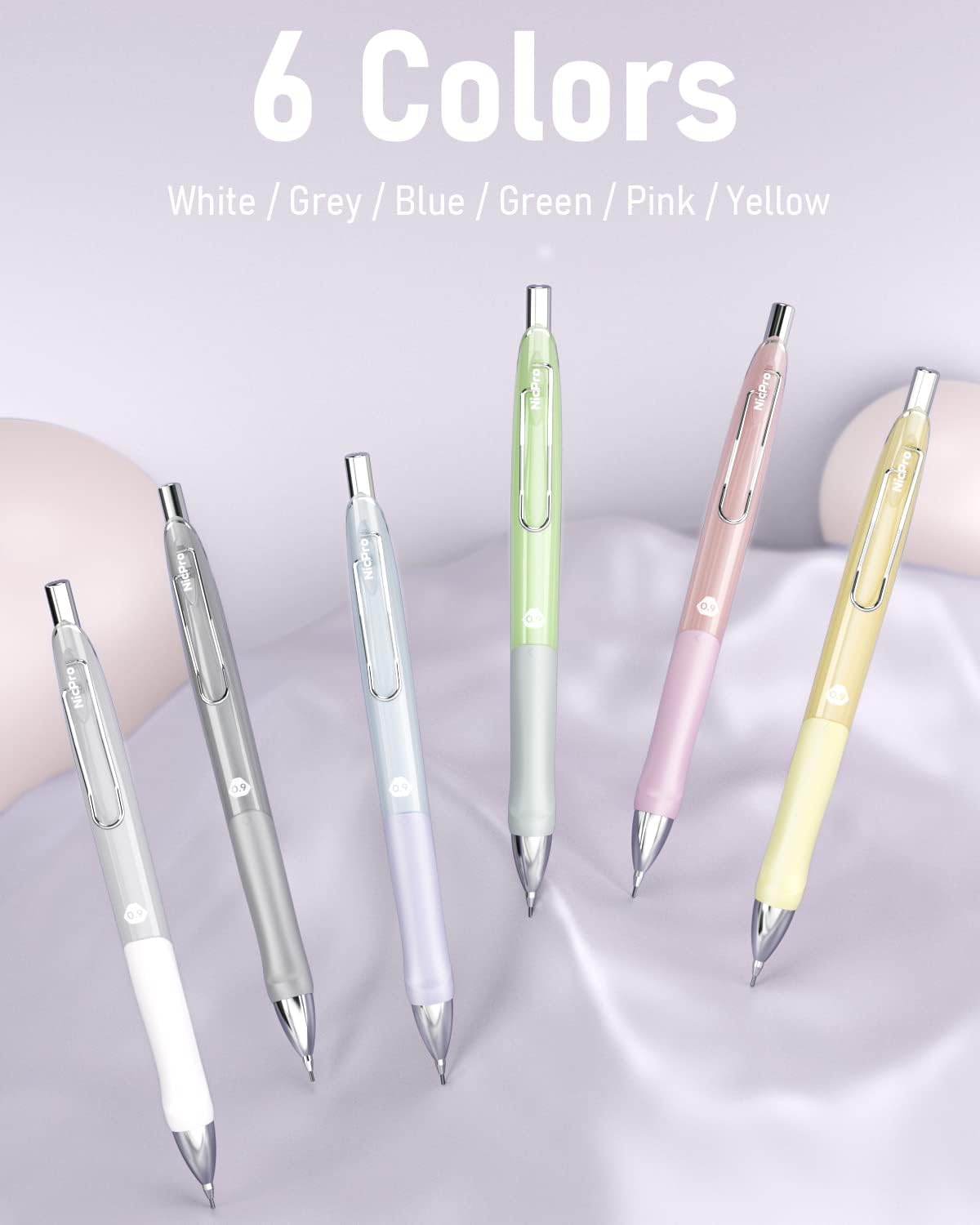Nicpro 6PCS Pastel Mechanical Pencil Set 0.9 mm, Cute Mechanical Pencils 0.9 with Comfort Grip with 12 Tube HB Lead Refill, 3 Eraser, 9 Eraser Refill for Student Writing, Drawing, Sketching- with Case