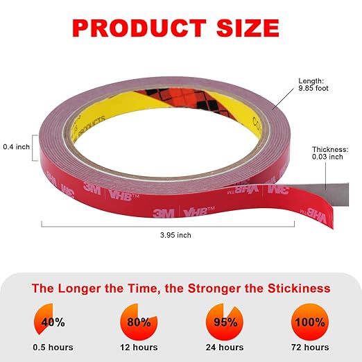 Double Sided Tape Heavy Duty, 9.85FT x 0.4IN Multipurpose Waterproof Mounting Foam Tape, Strong Adhesive Tape for Car, Wall, LED Strip Light, Home/Office Decor, Made of 3M VHB Tape.