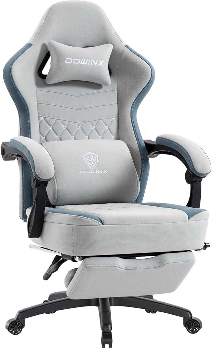 Dowinx Gaming Chair with Footrest, Breathable Fabric Gamer Chair with Gel Pad and Storage Bag, Ergonomic Office Chair with Lumbar Support for Home Task,Grey