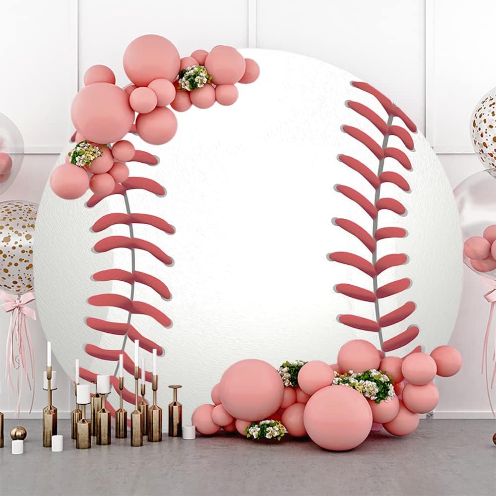 Leyiyi 7.2x7.2ft Baseball Birthday Round Backdrop Cover Polyester Sports Baseball for Boys Kids Birthday Party Red White Photography Background Newborn Gender Reveal Party Cake Table Banner Decoration
