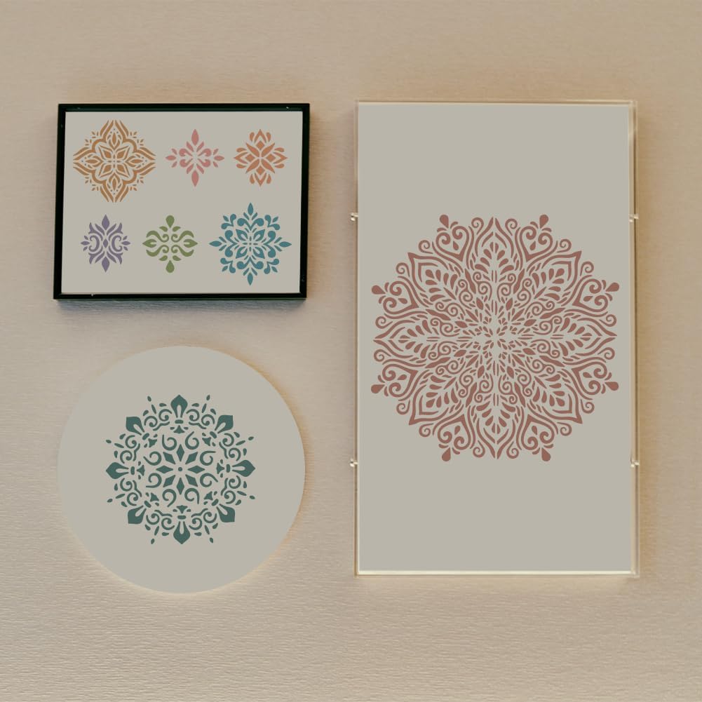 MAYJOYDIY 9pcs Mandala Stencil 7.8×7.8inch 18 Types Vintage Mandala Patterns with Paint Brush Square Reusable Furniture Stencils for DIY Mandala Art Craft Wood Floor Wall Tile Fabric