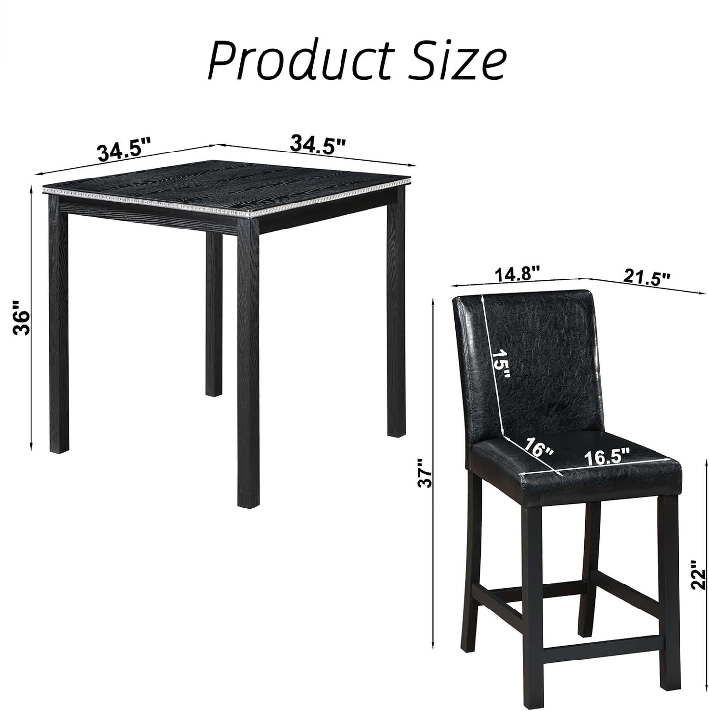 Counter Height Square Dining Table Set with 4 Upholstered Chairs - Easy to Assemble, Black