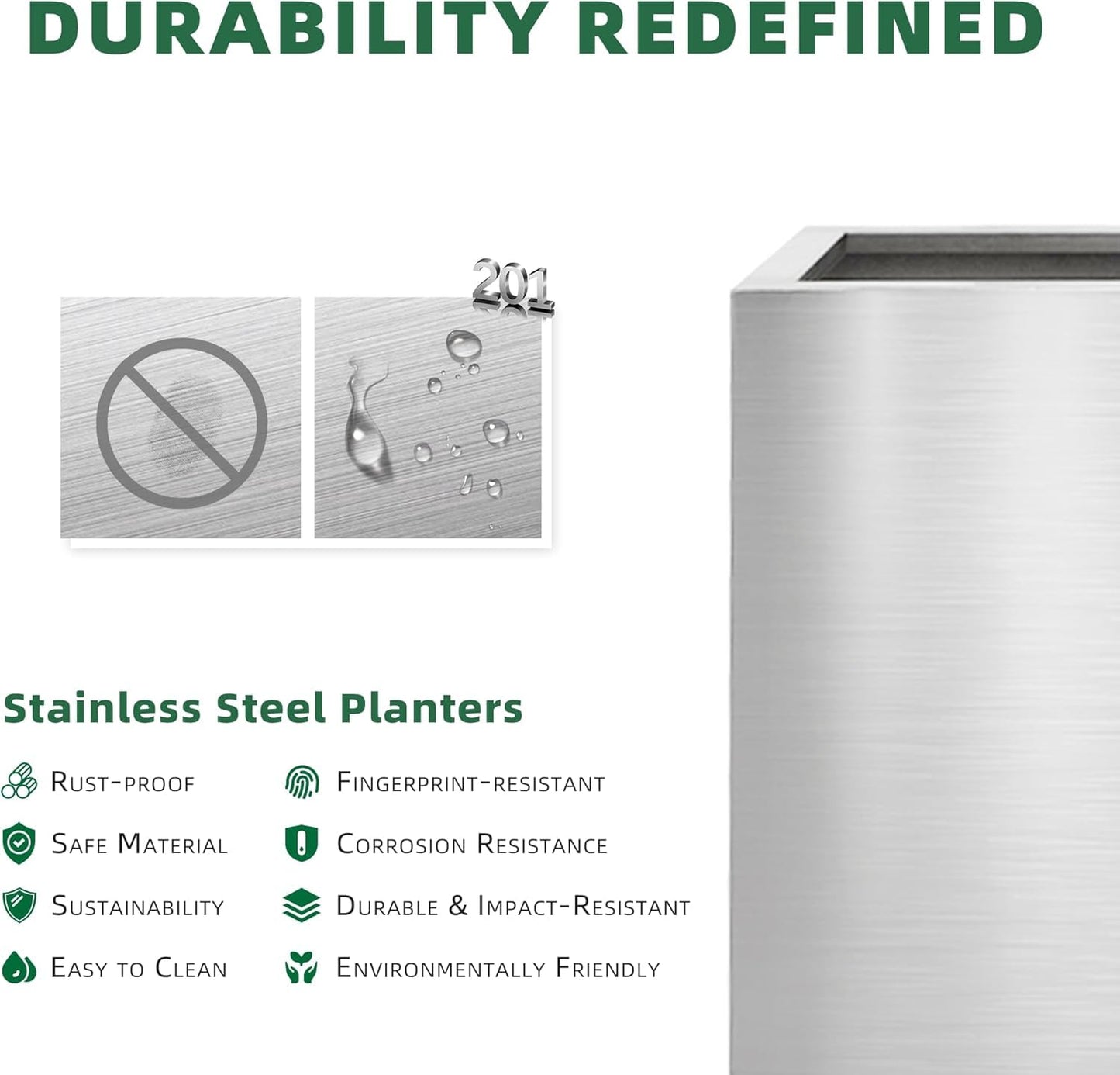 LONGRUNNEW Stainless Steel 30cm Square Planter with Wheels Trolley, Large Plant Pots for Indoor, Outdoor, Business Space, Public Places, Easy to Clean and Move