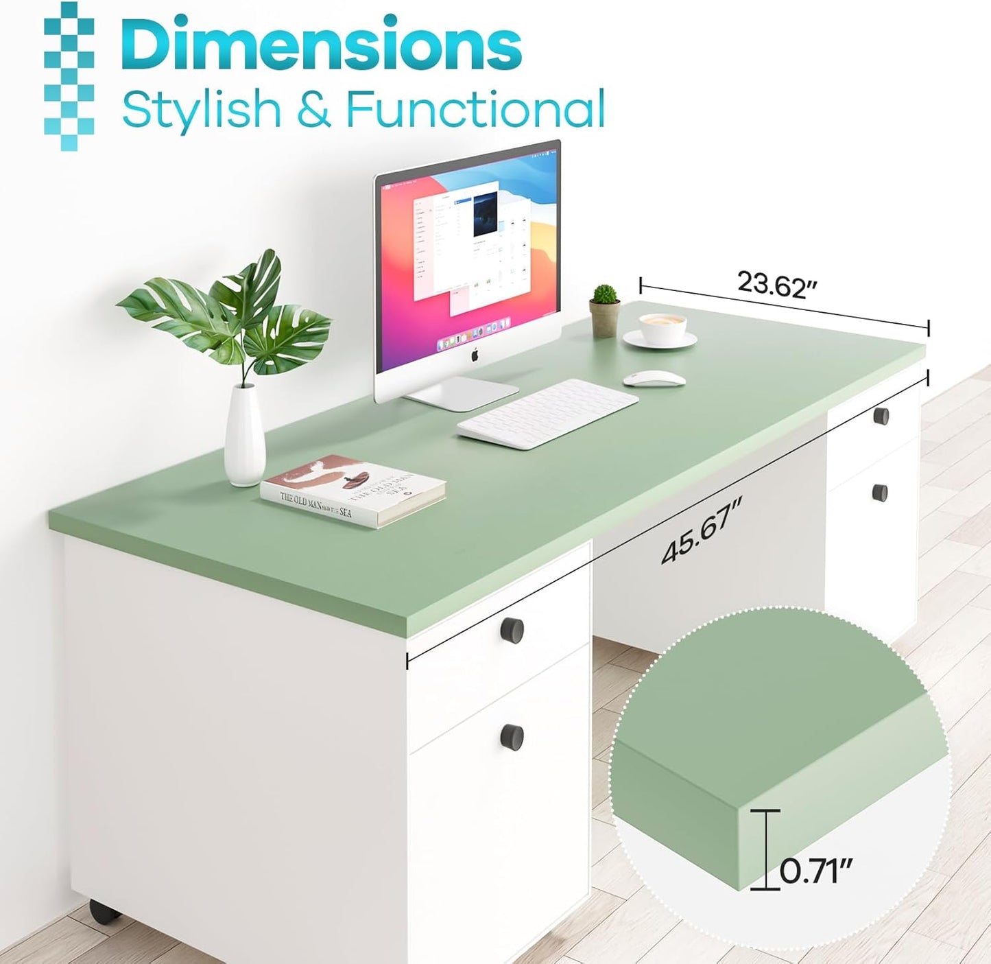 Kaboon Universal Table Top 45.67"x23.62", Solid One-Piece Desktop, Reversible Melamine Countertop, Double Desks, L-Desk DIY, Pastel Green