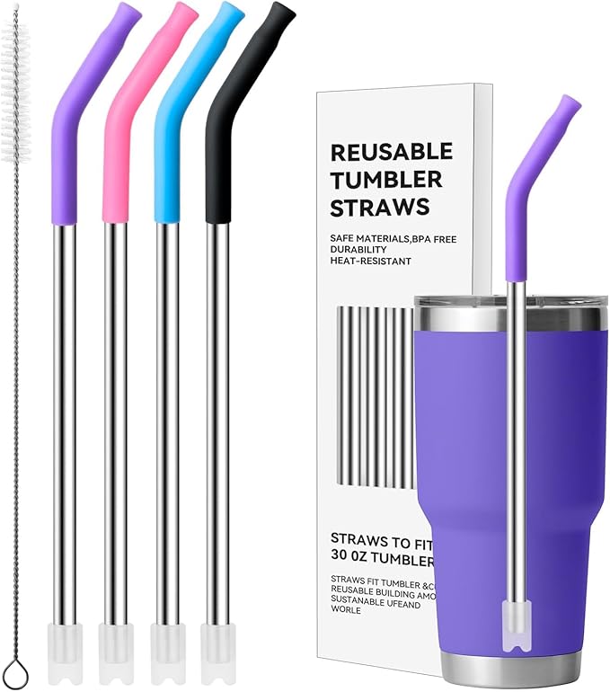 Metal Straws with Silicone Tip for 30 oz YETI Tumbler, 4 Pcs Reusable Stainless Steel Straws for 30 oz 35 oz YETI Cup(Color 2)