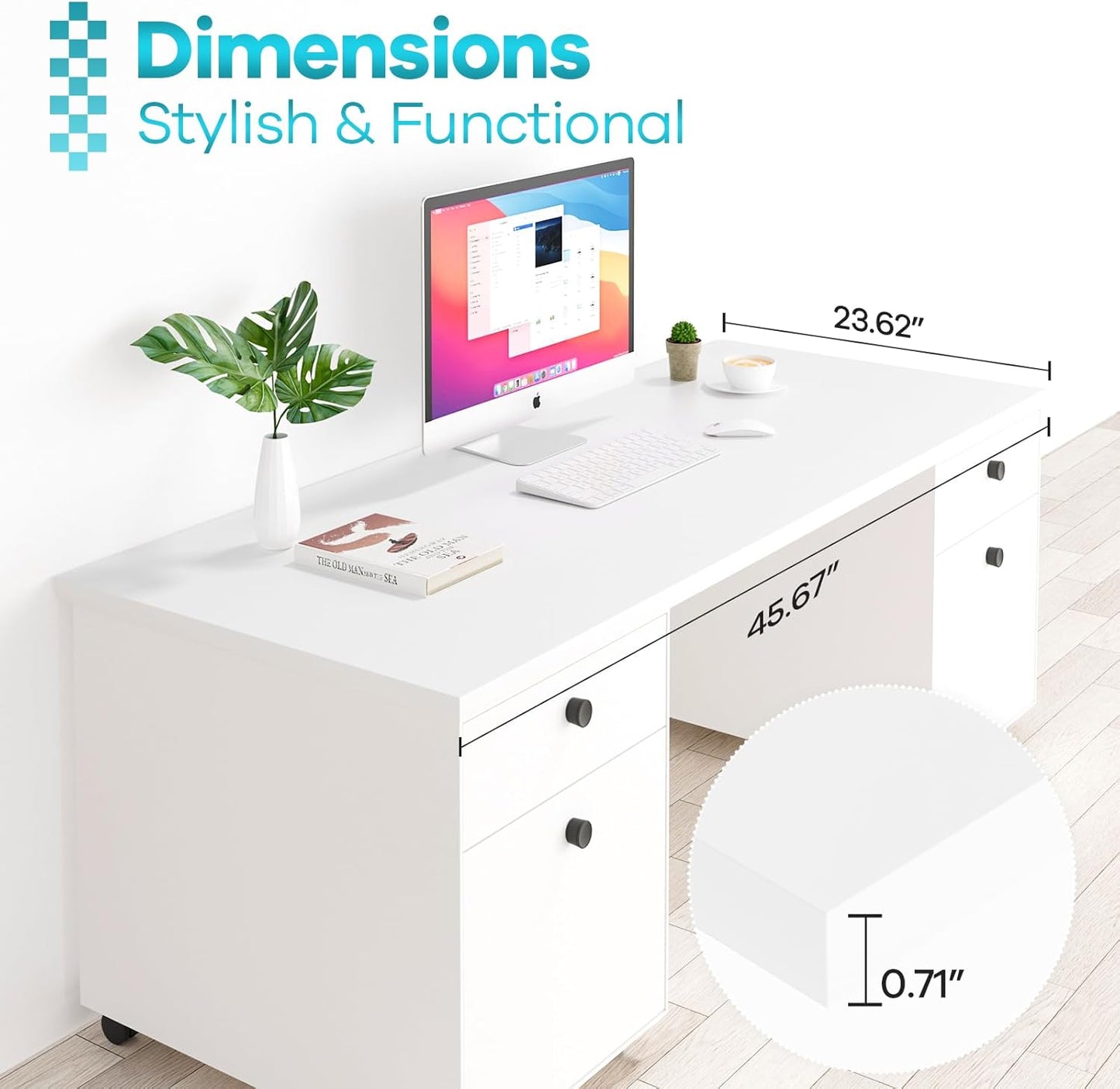 Kaboon 45.67"x23.62" White Table Top, Solid One-Piece Desktop, Reversible Melamine Countertop, Double Desks, L-Desk DIY