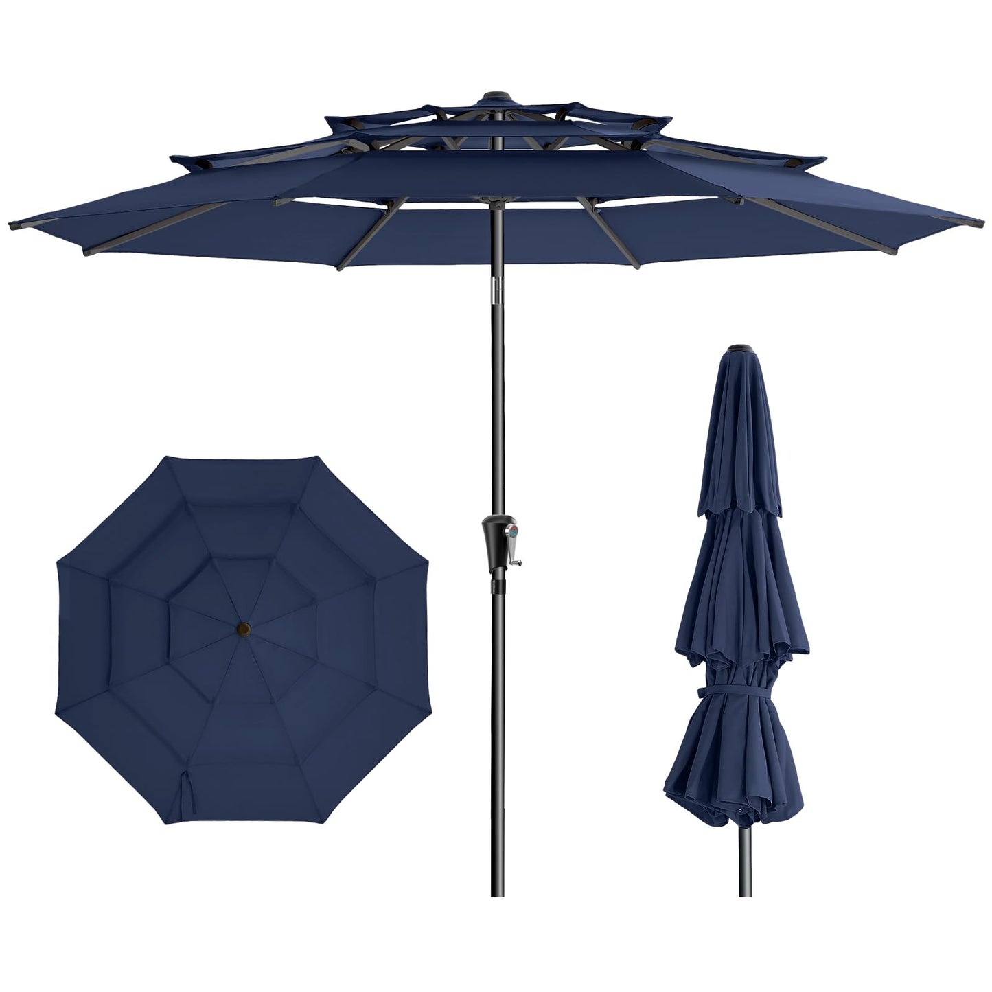 HOMSHADE 9FT 3-Tiers Outdoor Patio Umbrella with 5-Year Fade Resistant,Vented Outdoor Commercial Market Umbrella with UPF50+ UV Protection & Push Button Tilt and Crank for Pool,Backyard(Navy Blue)