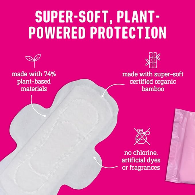 Flo - Day Menstrual Pads (44 Pack) - Regular Flow - Leak Locking - Winged + Ultra-Thin - Natural, Absorbent, Soft, & Breathable - Bamboo Period Pads for Women - Plant Based - Vegan & Cruelty Free
