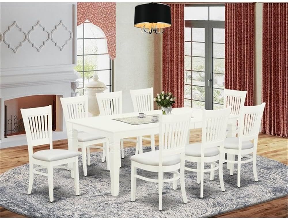 East West Furniture LGVA9-LWH-C 9 Piece Dining Set Includes a Rectangle Dining Room Table with Butterfly Leaf and 8 Linen Fabric Upholstered Kitchen Chairs, 42x84 Inch, Linen White