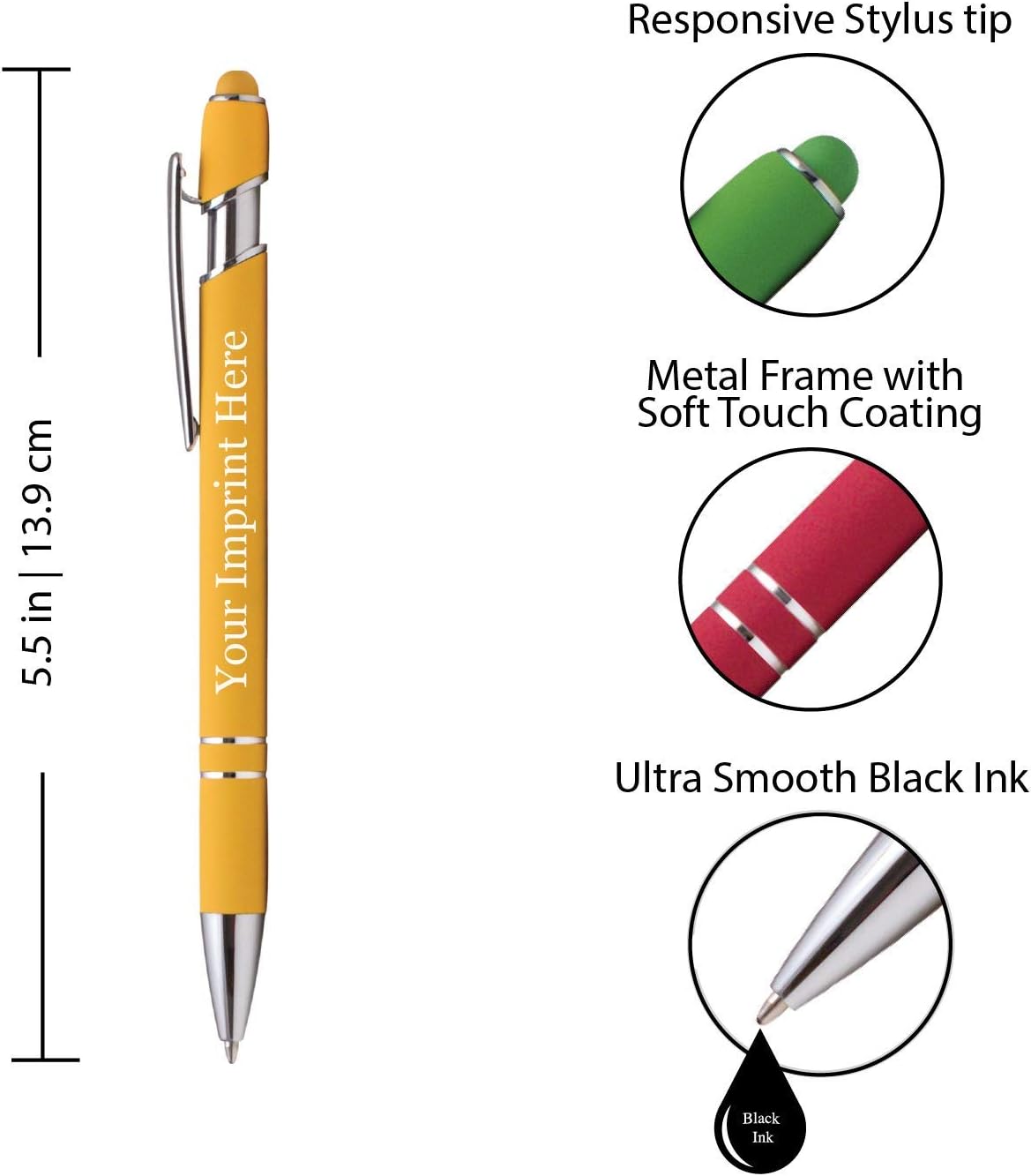 ExpressDesigns™ - Premium Custom Pens with Stylus | Burst of Color | Personalized Soft Touch Metal Printed Name Pens w/Black Ink - Imprinted w/Logo or Message - 12 pcs/pack (Yellow)
