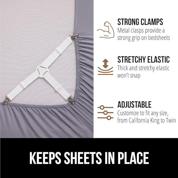 GORILLA GRIP Patent Pending Bed Sheet Holders, Adjustable Elastic Fasteners with Metal Clips, Keep in Place Fitted Bedding Straps, Firm Tight Suspenders for Mattress, US Designed, 8 Pack White