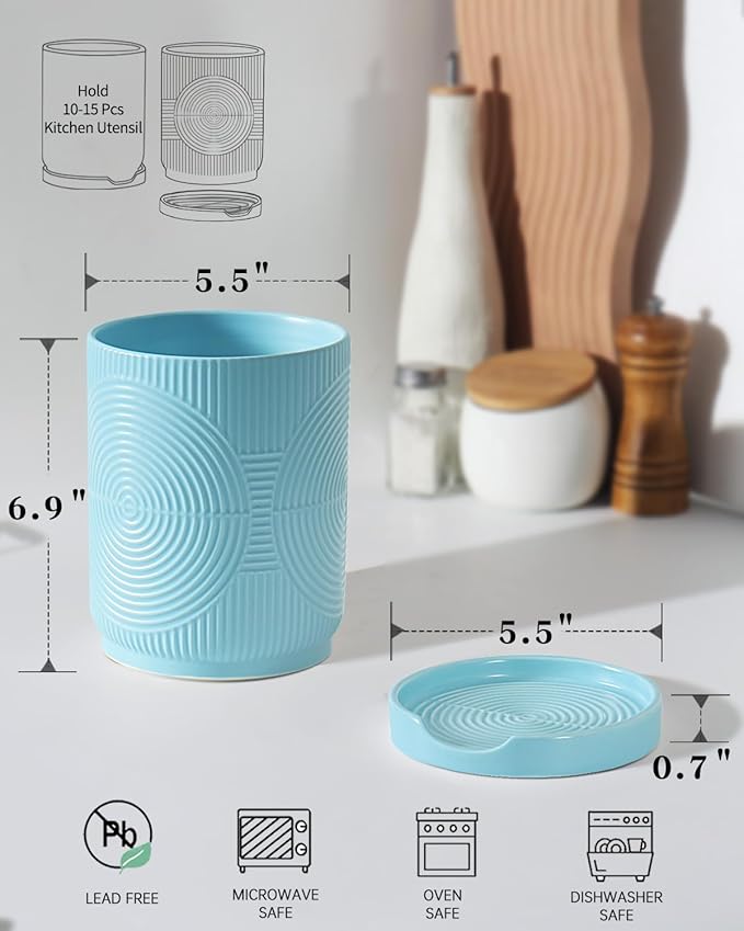 Utensil Holder, 7.2" Kitchen Utensil Holder for Counter, 2-in-1 Ceramic Cooking Utensils Holders with Spoon Rest, Utensil Crock for Spatula, Ideal Housewarming Gift(Blue)