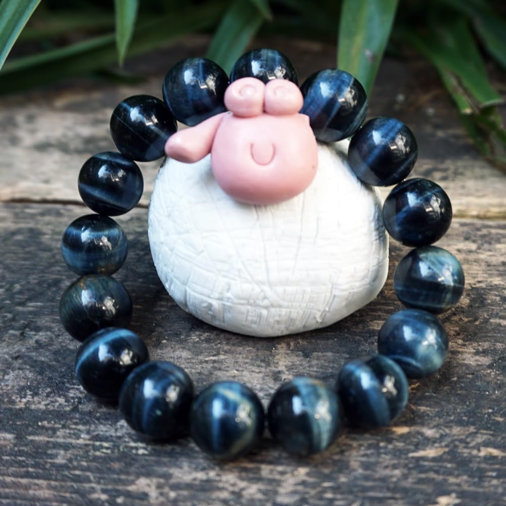TaHLga Blue Tigers Eye Mens Bracelet 12MM | Fits for About 8" XLarge Wrist | Natural Solar Plexus Chakra Gemstones | Bring Luck Wealth Courage | Protection from Evil | Gift