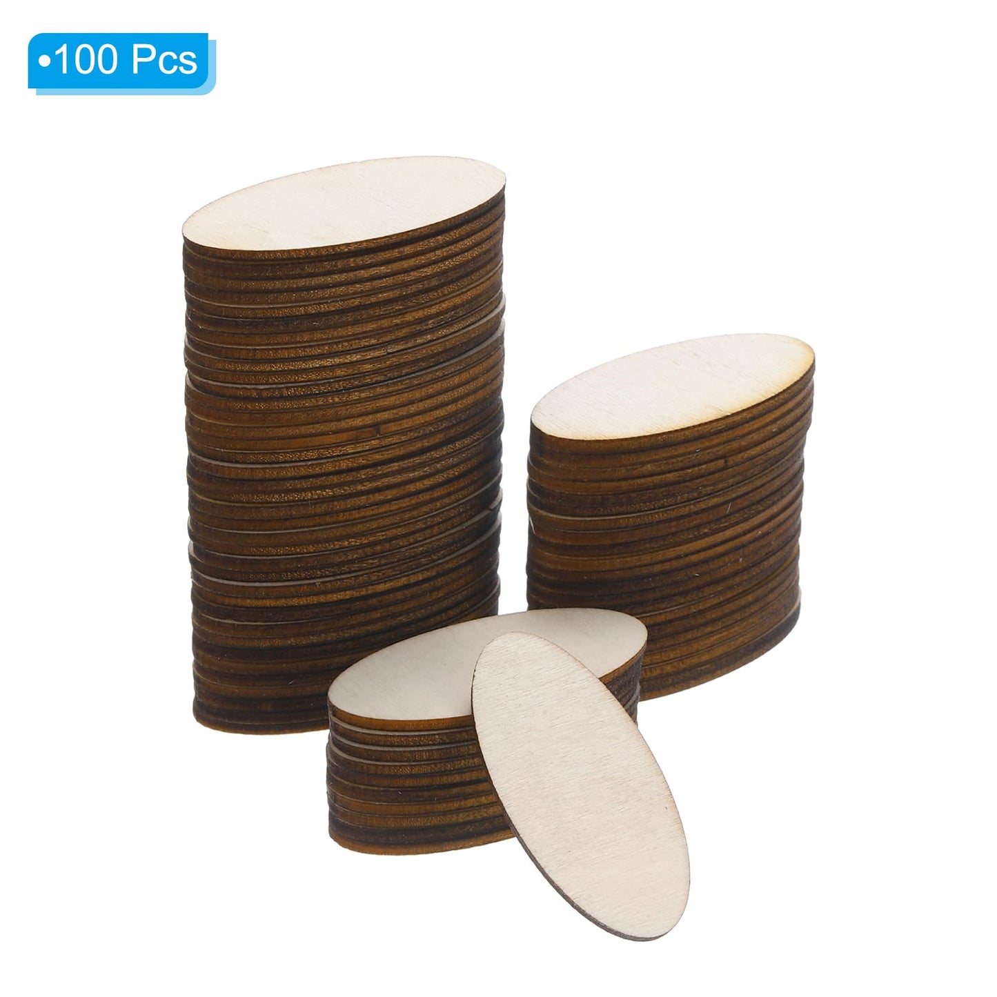 PATIKIL 40x20x1.7mm Wood Pieces, 100 Pack Unfinished Oval Wood Shapes Blank Wooden Cutouts Ornaments Natural for Christmas Party Craft Projects
