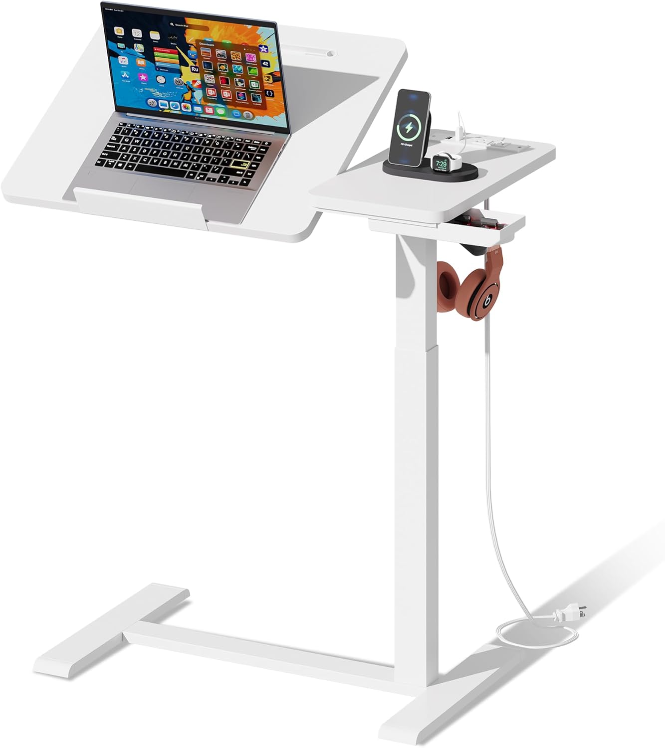 Standing Desk, Medical Overbed Table with Rolling Tray and Power Outlet, Dual Pneumatic Angle and Height Adjustable Desk, Portable Side Table with Drawer, Home & Hospital Use, White