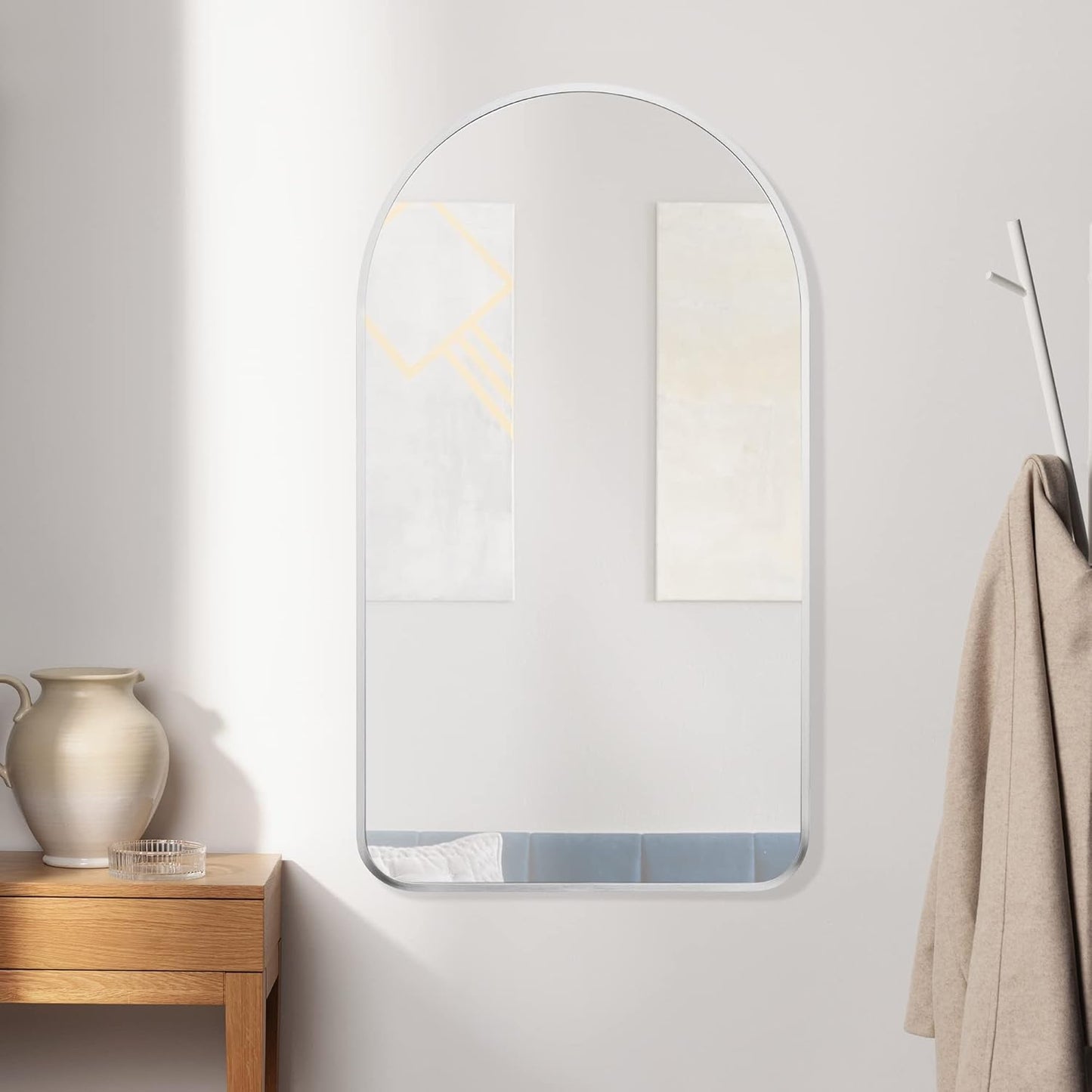Navaris Arched Wall Mirror - Silver Arch Framed Mirror - 17.7x31.5 Wall-Mounted Mirror with Silver Aluminum Alloy Frame for Living Room Bathroom Hall