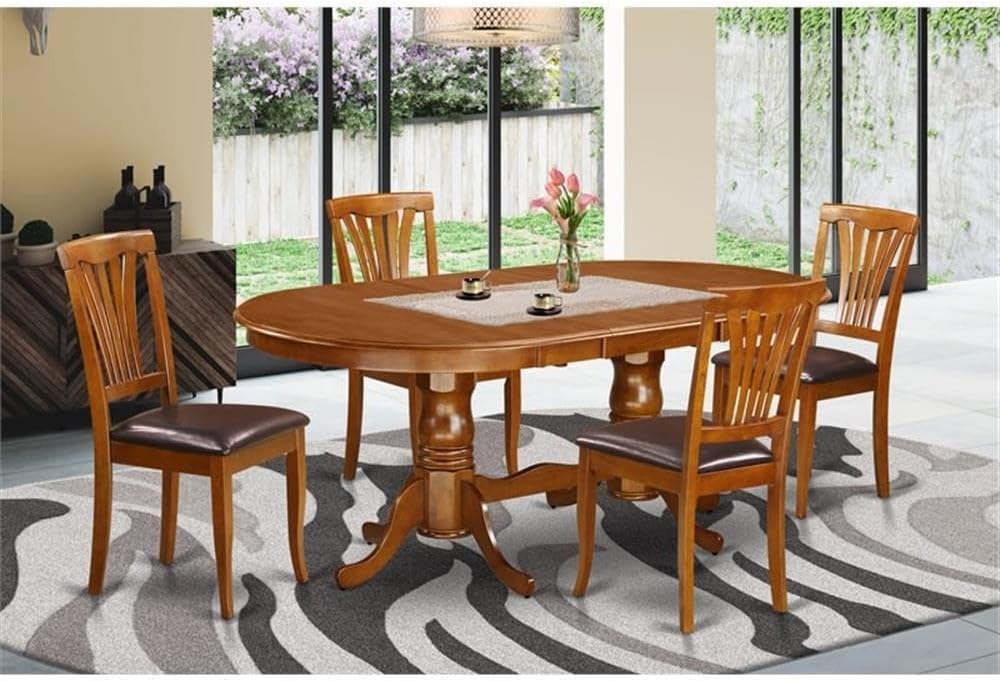 East West Furniture PLAV5-SBR-LC 5 Piece Dining Room Table Set Includes an Oval Wooden Table with Butterfly Leaf and 4 Faux Leather Kitchen Dining Chairs, 42x78 Inch, Saddle Brown