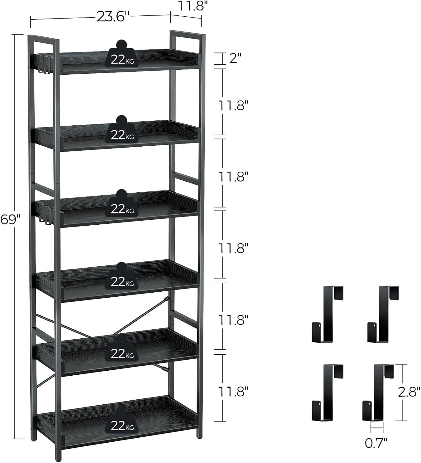 Rolanstar Bookshelf 6 Tier with 4 Hooks, Industrial Bookcase, Vintage Storage Rack with Open Shelves, Rustic Standing Bookshelves Metal Frame Display Rack for Living Room, Bedroom, Black