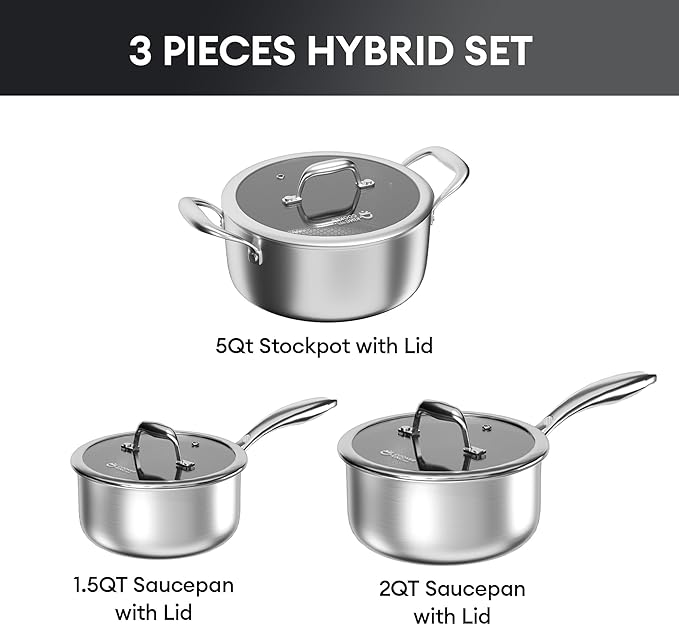 COOKER KING Stainless Steel 6 Pcs Pots Set, 1.5 & 2QT Saucepan and 5-Quart Pots with Lids, Non Stick, Non Toxic, Stay-Cool Handles, Induction, Oven, Dishwasher Safe