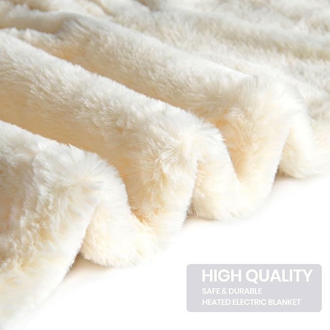 Premium Heated Blanket King 90"×100",Ultra Cosy Soft with 8 Heating Levels,Dual Control Plush Fast Heating Faux Rabbit Fur Blanket for Bed - Auto Shut Off,Machine Washable(Beige)