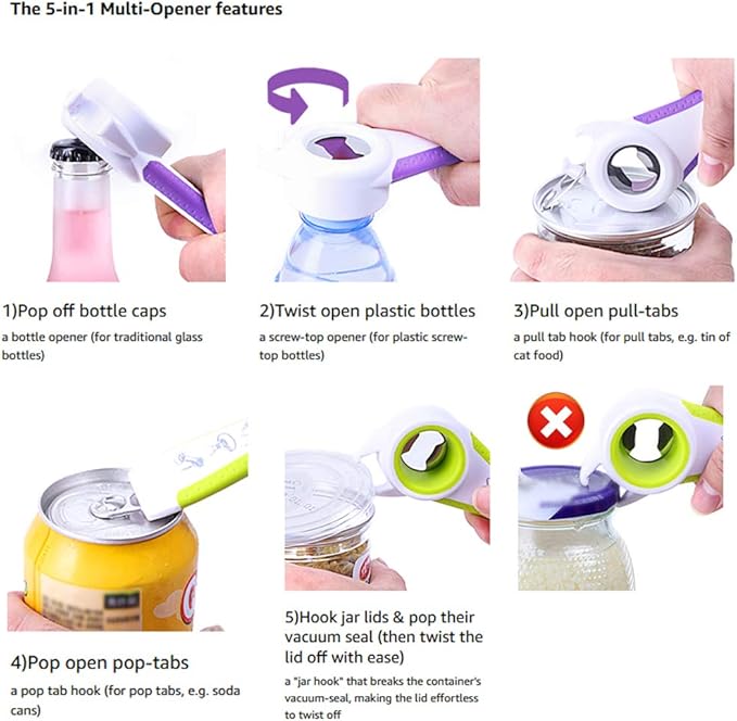 Bottle Opener Set,2Pcs Inclinding 5-in-1 and 6-in-1, Can, Soda, and Jar Openers, Twist Off Lid – Jar Opener for Seniors and Arthritic Hands (Gray Black)