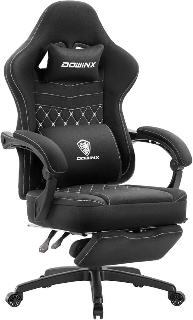 Dowinx Gaming Chair with Footrest, Breathable Fabric Gamer Chair with Gel Pad and Storage Bag, Ergonomic Office Chair with Lumbar Support for Home Task, Black