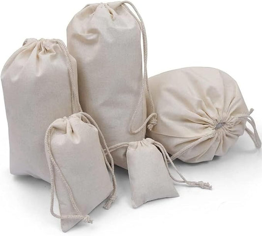 100Pcs 12 x 16 Inches Premium Cotton Muslin Double Drawstring Bags, Reusable Bag Natural Cotton Bags with Drawstring Produce Bags Bulk Gift Bag Jewelry Pouch for Party Wedding Home Storage