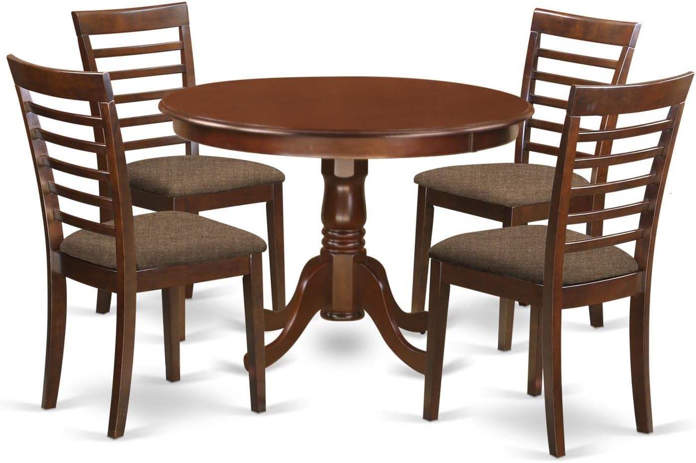 East West Furniture HLML5-MAH-C 5 Piece Dining Table Set for 4 Includes a Round Kitchen Table with Pedestal and 4 Linen Fabric Dining Room Chairs, 42x42 Inch, Mahogany
