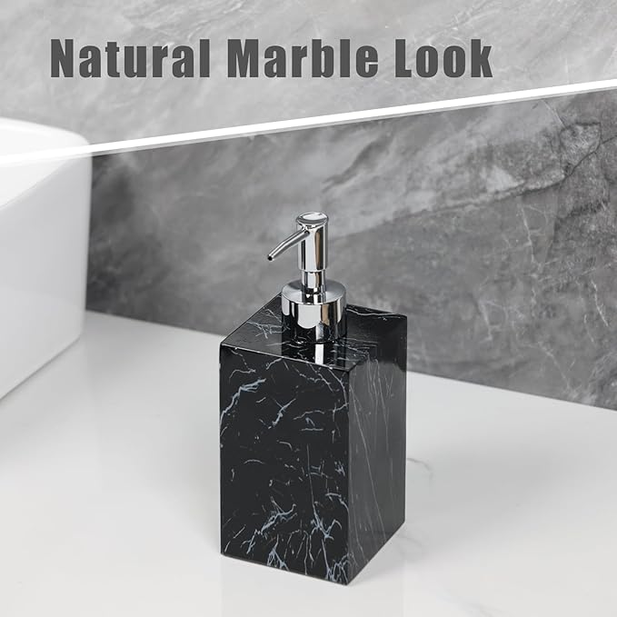 2-Pack Marble Look Resin Soap Dispensers, 16.9 oz Refillable Lotion Pump Bottles for Bathroom, Kitchen, Vanity, Office Sink Countertops – Durable, Moisture-Resistant Home Décor (Black)