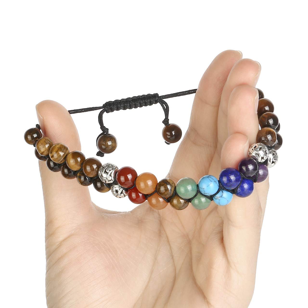 Top Plaza Tiger Eye Stone Bead Chakra Bracelet 7 Chakras Healing Crystals Bracelet Yoga Stone Beads Bracelets Meditation Relax Anxiety Bangle for Womens Mens