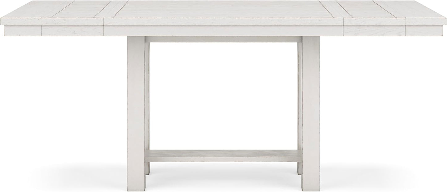 Signature Design by Ashley Robbinsdale Farmhouse Distressed Counter Height Dining Extension Table with Trestle Base, Planked Effect and 2 Removable End Leaves, White