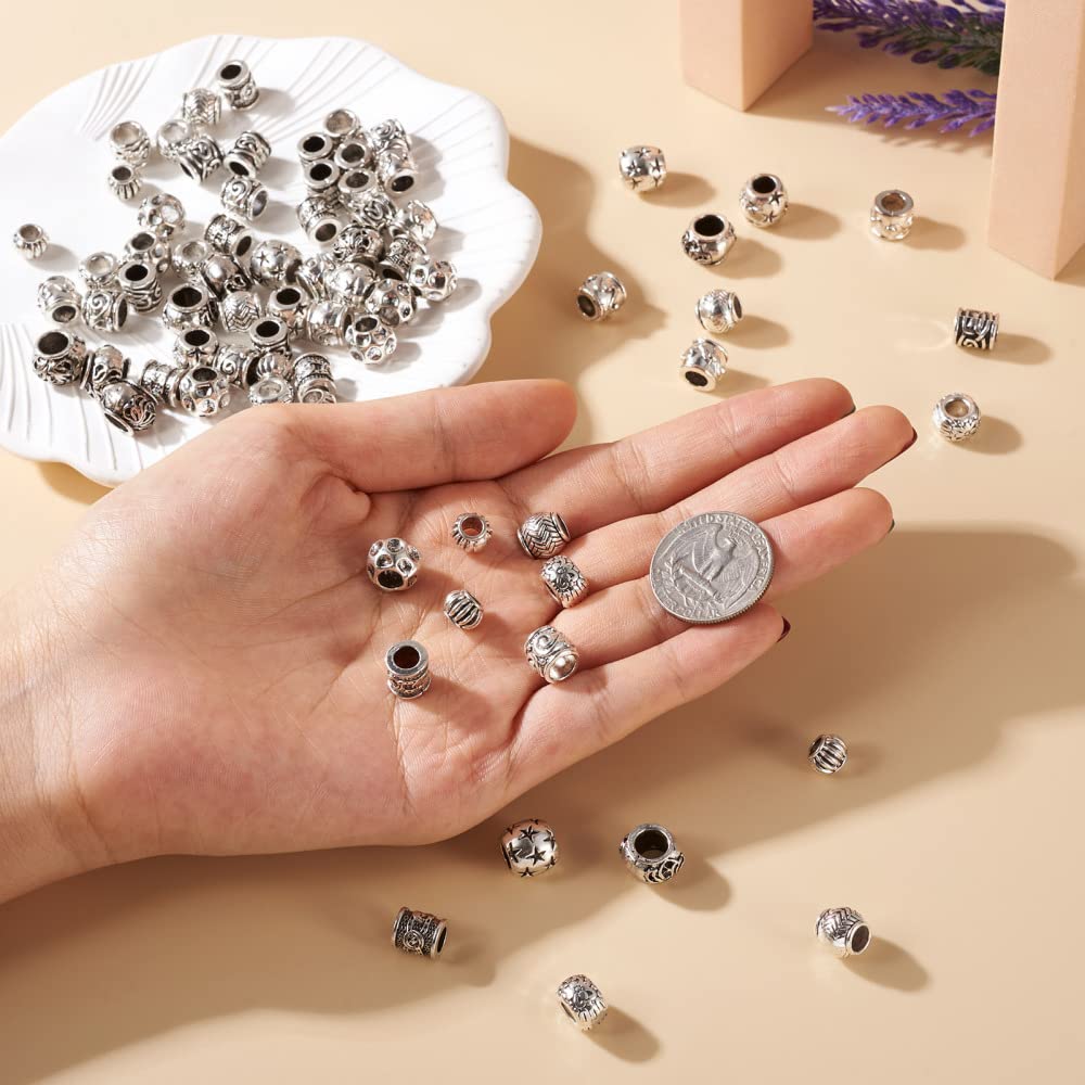 Craftdady 100pcs Antique Silver Barrel European Beads Tibetan Metal Drum Loose Beads Large Hole Rondelle Column Spacer Beads with Wavy Pattern for Jewelry Making Hole: 4-6mm