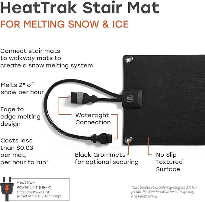 HeatTrak Heated Snow Melting Mat with Power Cord for Stairs - Heated Outdoor Mats - Electric Snow Melting Mats for Winter Snow and Ice Removal - No-Slip Stair Heating Mats (10" x 48")
