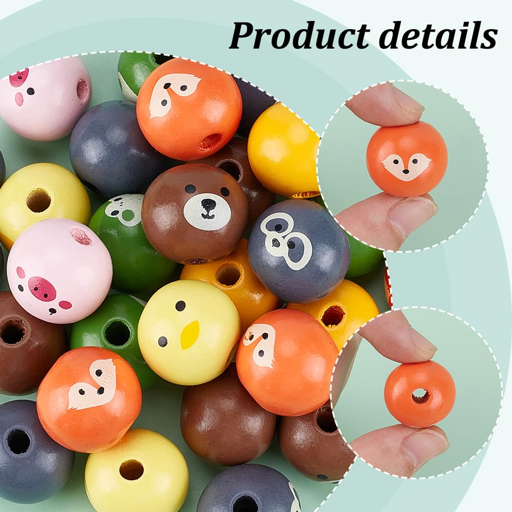 PH PandaHall 80PCS Animal Printed Wood Beads, 8 Style 19mm Wooden Farmhouse Animals Beads with Dog Pig Fox Bear Frog Pattern Round Wood Bead for DIY Jewelry Making Christmas Decorations 5mm Hole