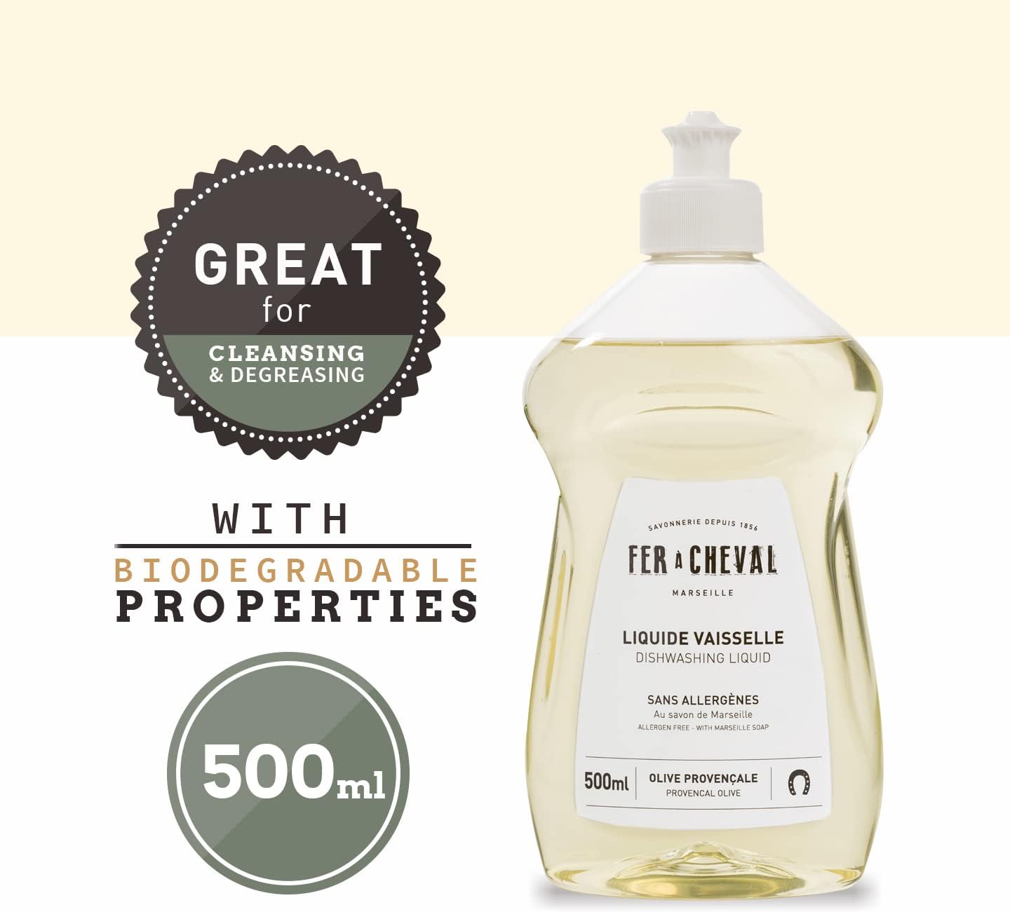 Fer à Cheval Dishwashing Liquid Bottle Provencal Olive Savon De Marseille Dish Detergent Liquid, Olive Oil Based from France, 500ml/16.9 fl oz