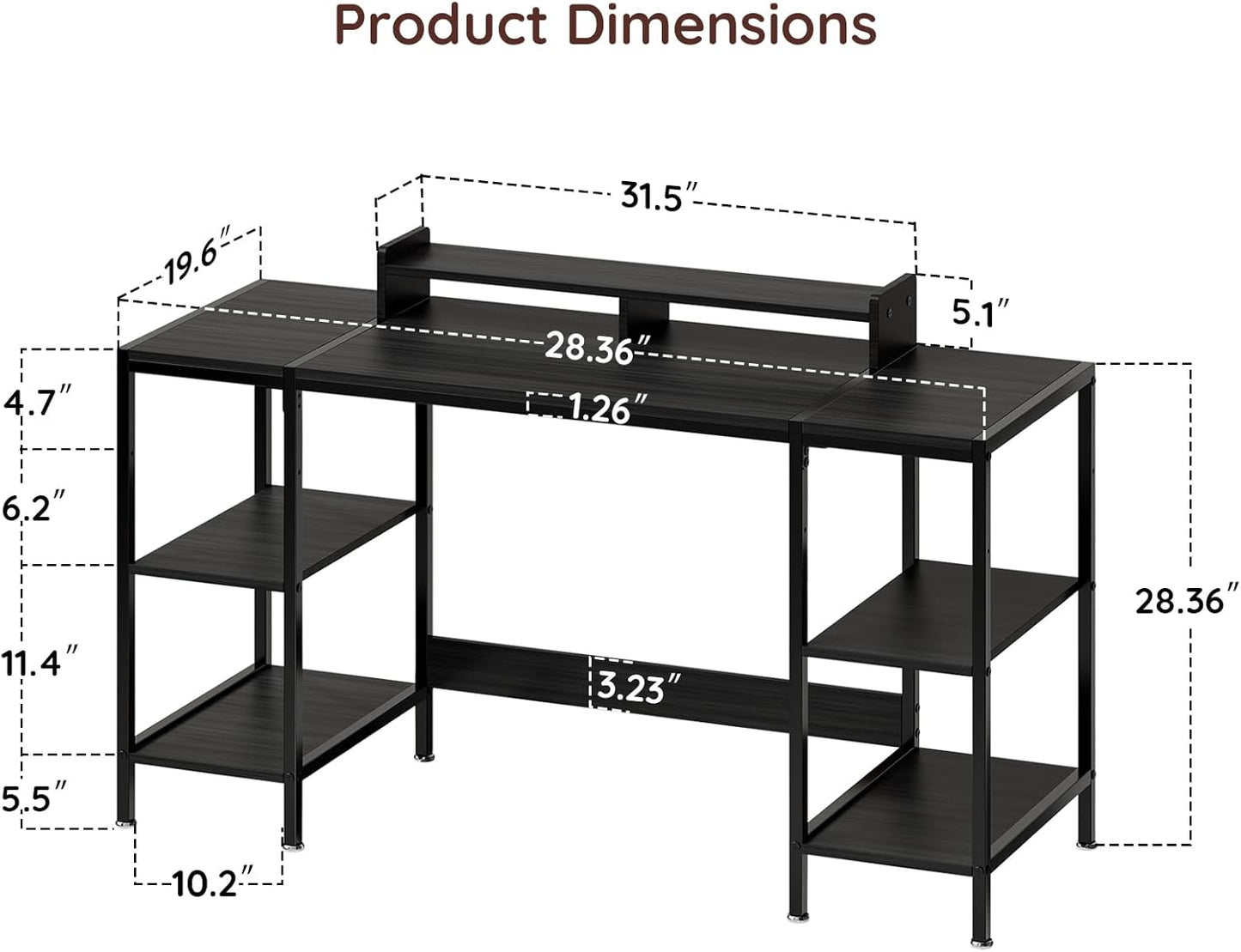 Computer Desk Gaming Desk with Monitor Stand, Home Office Desk Suitable for 2 Monitors, Writing Desk with Adjustable Storage Space,Sturdy and Durable Modern Small Desk (Black, 55 inchs)