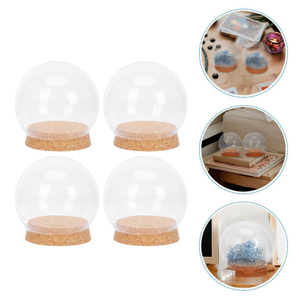 4Pcs Preserved Flower Glass Cover with Cork Base Glass Cloche Bell Jar Terrarium Dome Bottle Miniature Floral Decoration (Khaki)