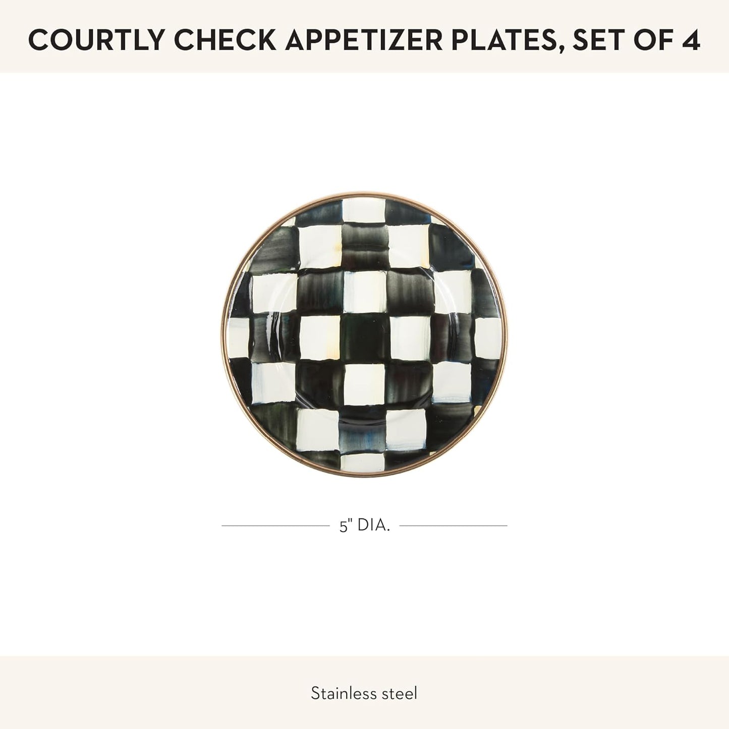 MACKENZIE-CHILDS Set of 4 Enamel Appetizer Plates, Mini Dessert Plates, 5 Inches, Black-and-White Courtly Check