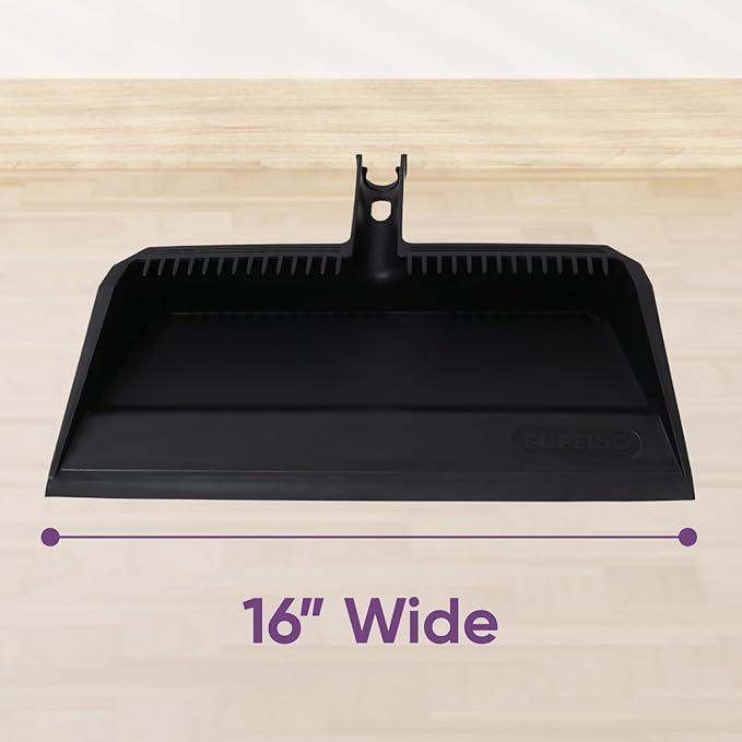 Superio 3-Pack Wide Plastic Dustpan with Comb - 16" Wide, Rubber Lip, Broom Handle Clip, Black