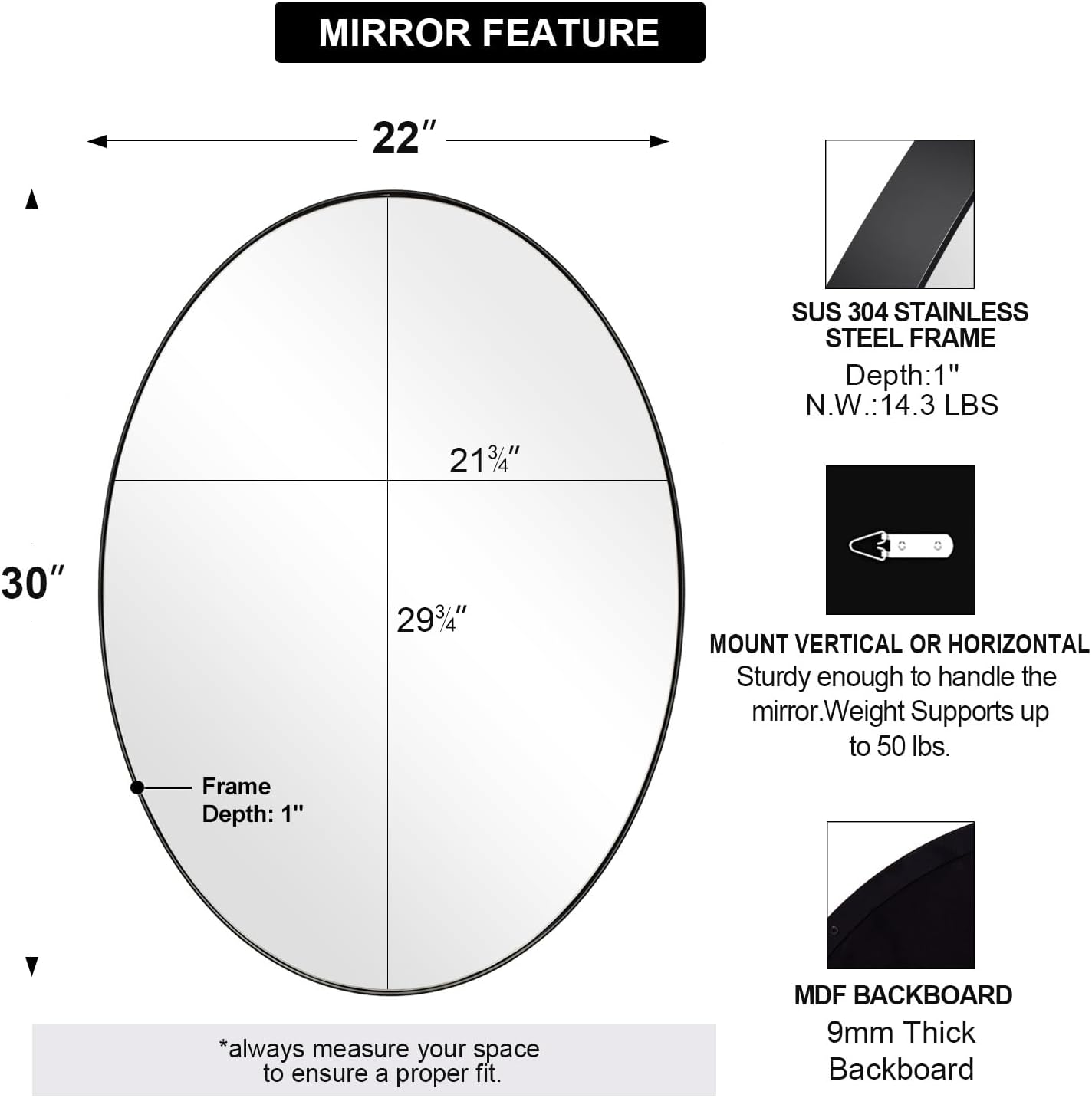 ANDY STAR Black Oval Mirrors for Bathroom, 22x30 Inch Matte Black Stainless Steel Metal Framed Oval Wall Mirror, Modern Vanity Mirror Wall Mount Horizontal or Vertical