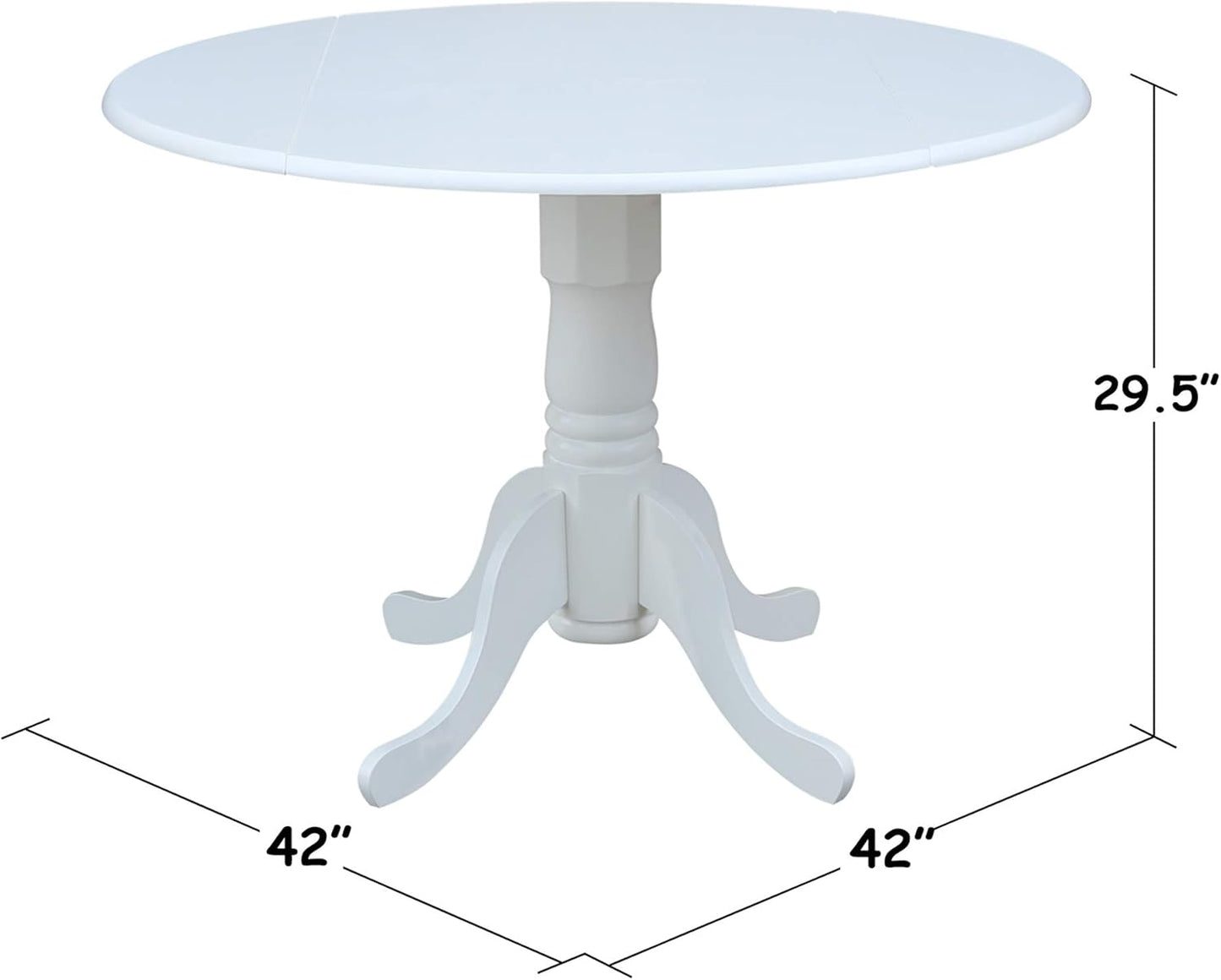 IC International Concepts, 42" Round Dual Drop Leaf Pedestal Dining Table, Solid Real Wood, Sturdy Parawood, White