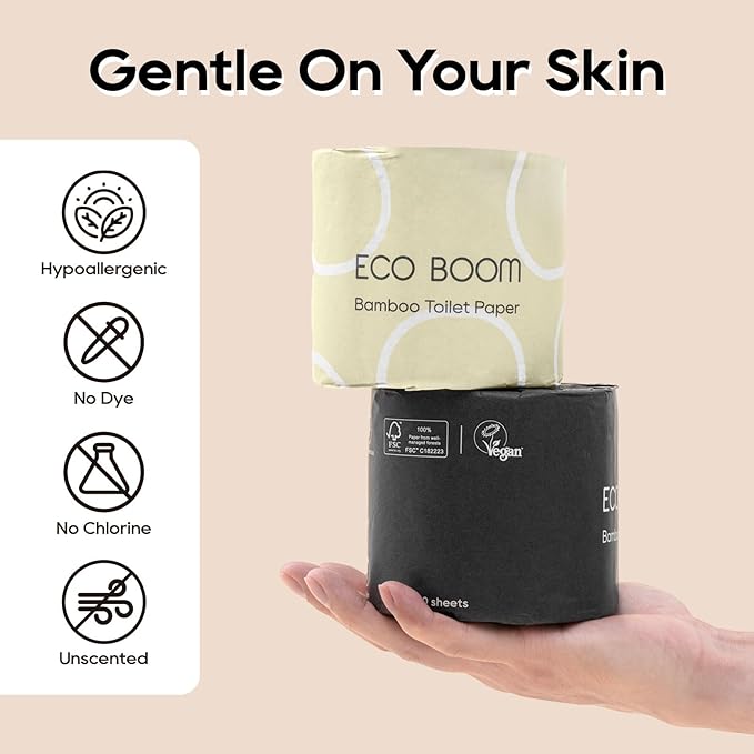 ECO BOOM Toilet Paper 100% Bamboo 3-Ply, Plastic-Free & Tree-Free, strong, FSC Certified, Unscented, 9 Rolls, 360 Sheets | PFAS Free, BPA Free & Septic Safe
