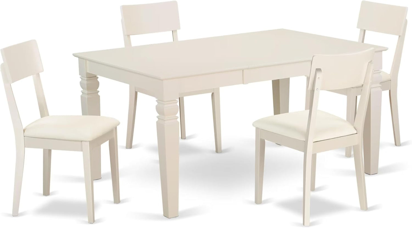 East West Furniture WEAD5-LWH-LC 5 Piece Dining Table Set for 4 Includes a Rectangle Kitchen Table with Butterfly Leaf and 4 Faux Leather Upholstered Chairs, 42x60 Inch, Linen White