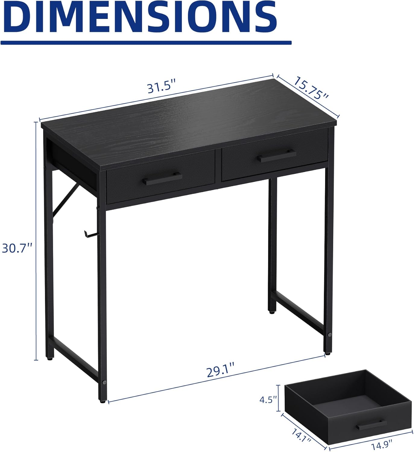Pamray 32 Inch Small Computer Desk with 2 Drawers for Bedroom Study Writing Home Office Table for Small Spaces Grey